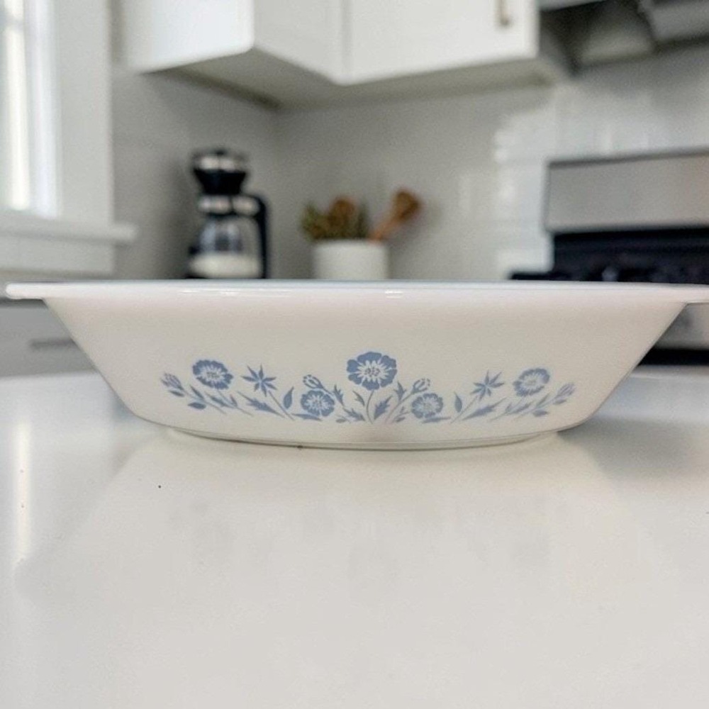 Glasbake Blue Cornflower Divided Casserole Dish, Vintage Milk Glass Bakeware